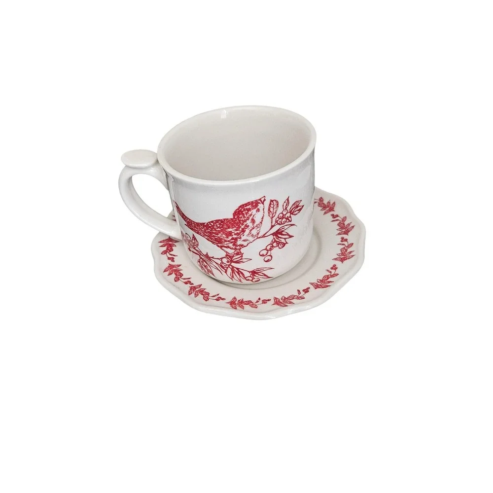 Bird Toile Coffee Mug With Bird Finial Saucer Elizabeth Trostil  Andrea by Sadek